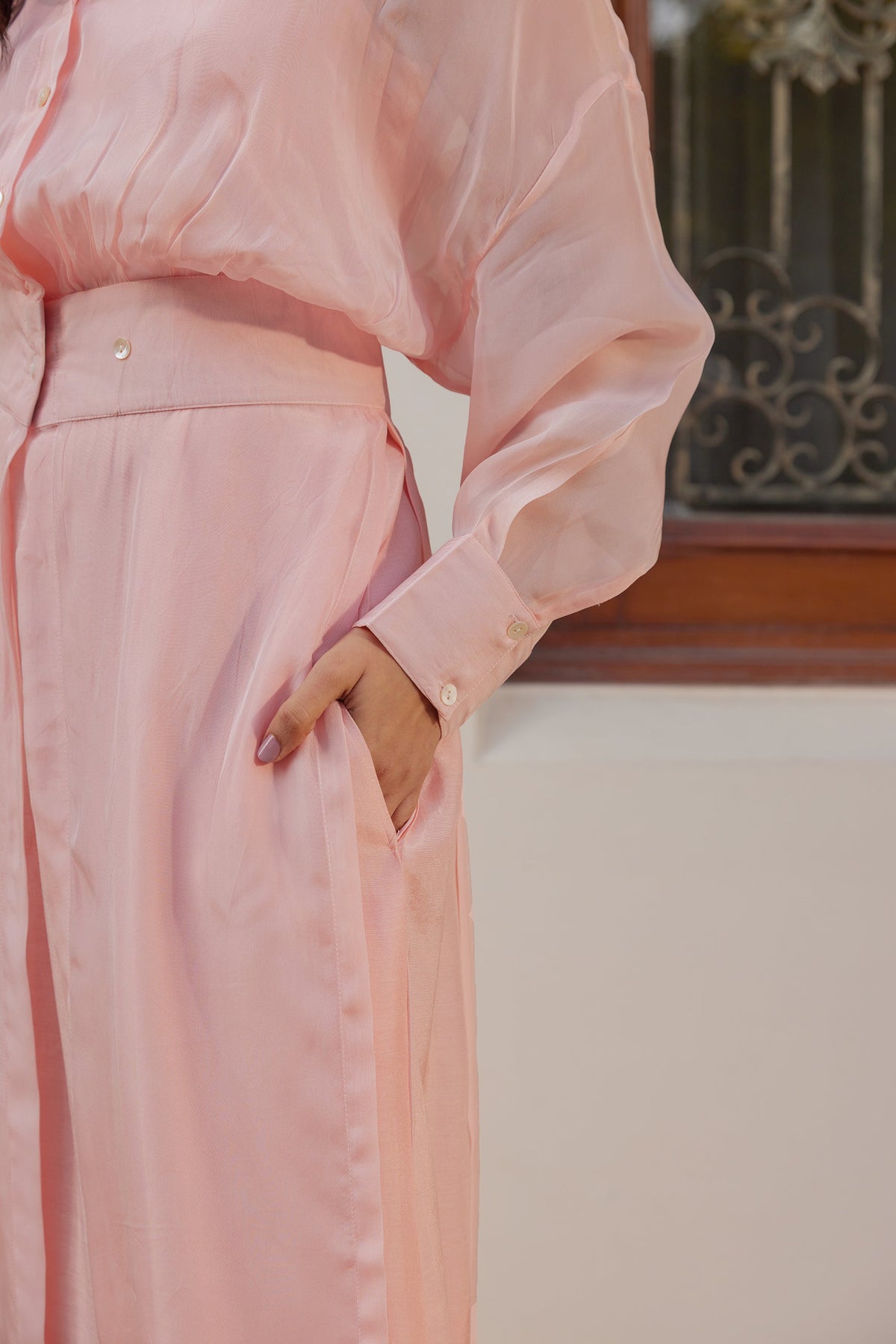 Blush Pink Solid Organza Jacket Set (Set of Two) by Kapraaha - view 6