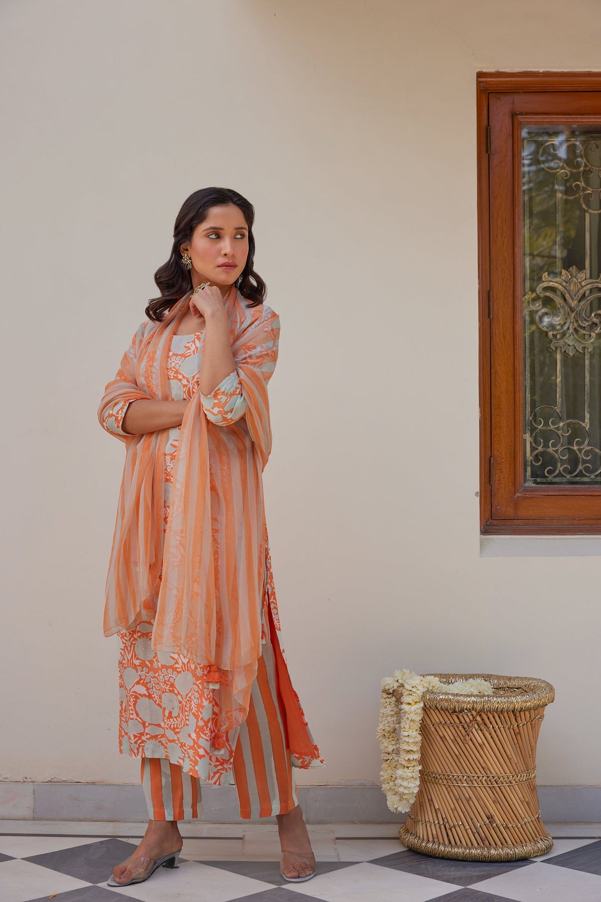 Orange Floral Kurta Set (Set of Three) by Kapraaha - view 8