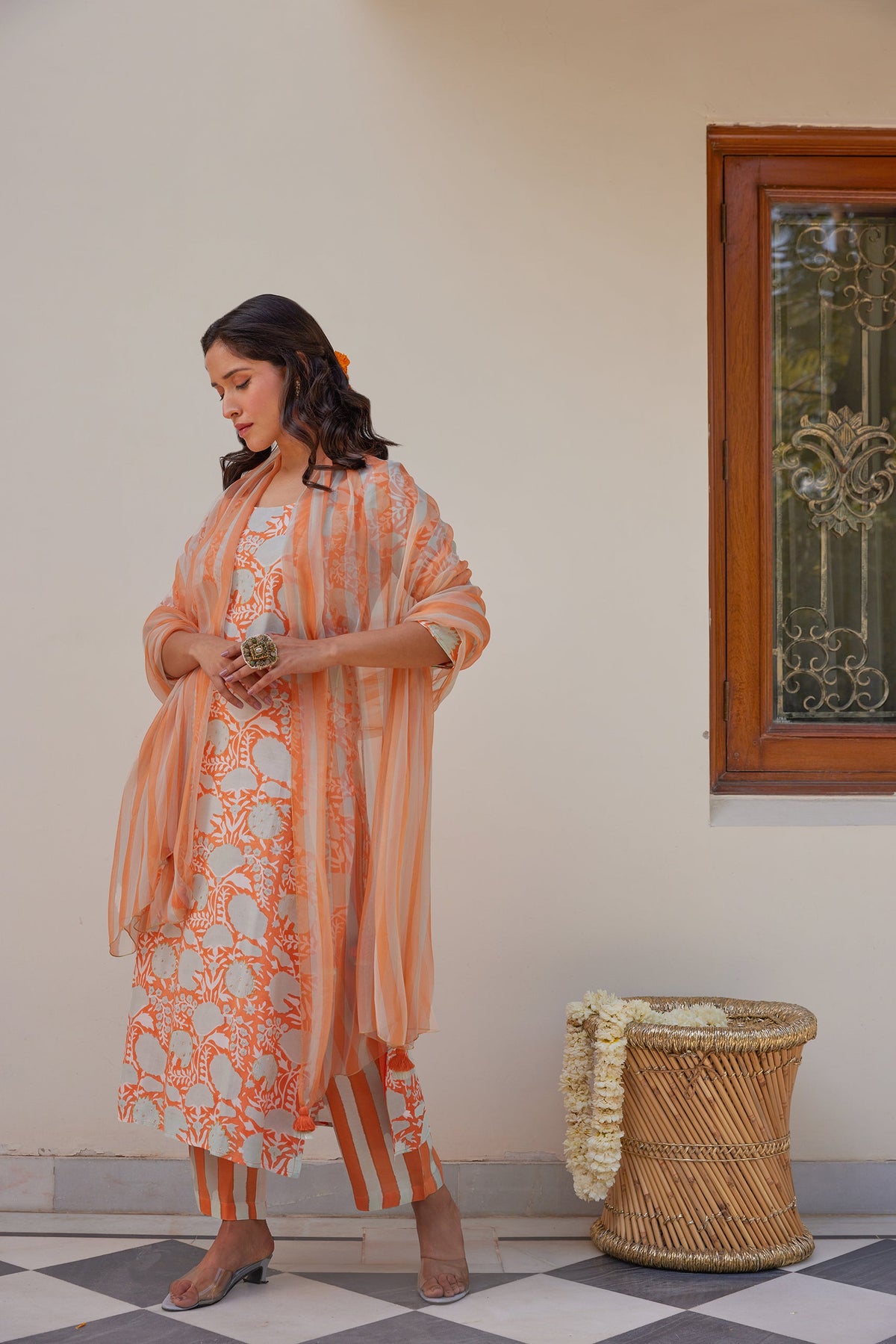 Orange Floral Kurta Set (Set of Three) by Kapraaha - view 7