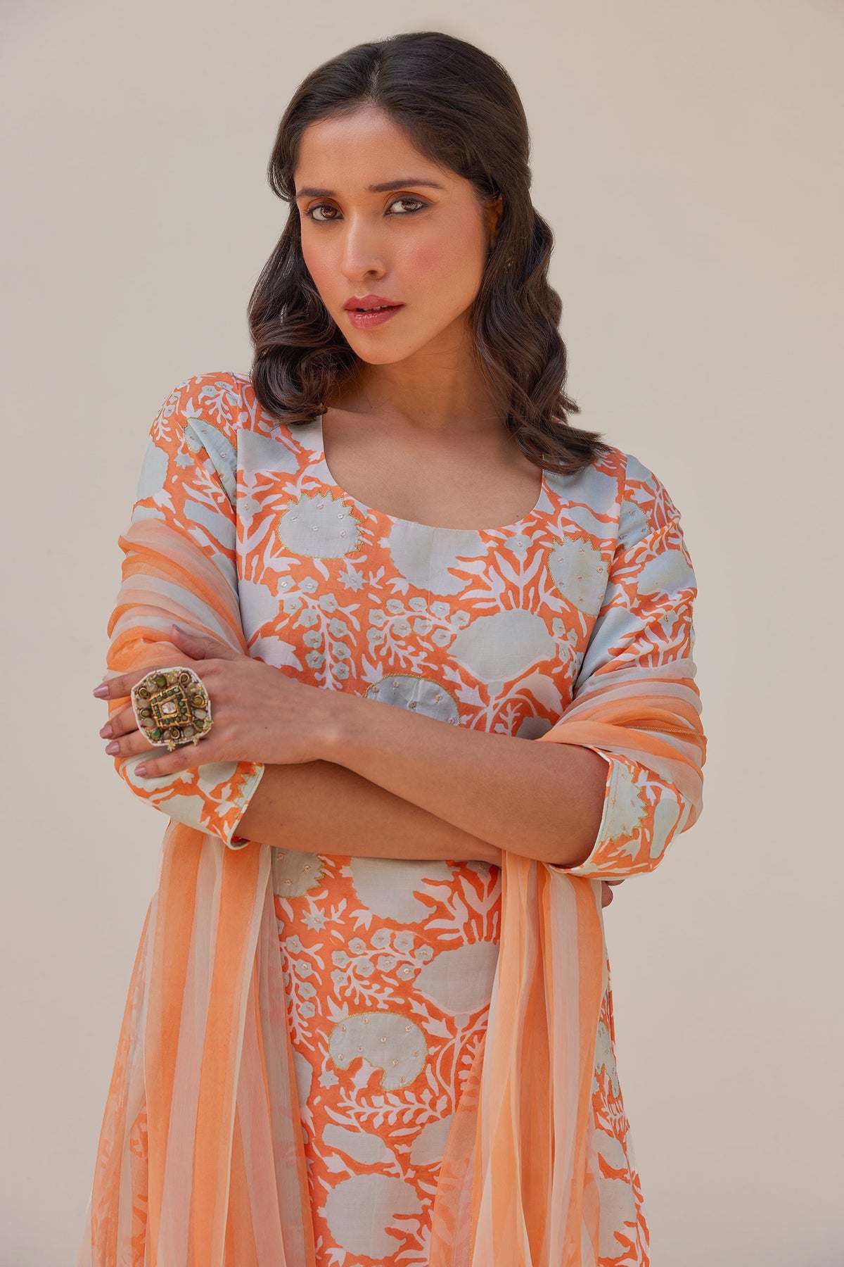 Orange Floral Kurta Set (Set of Three) by Kapraaha - view 3