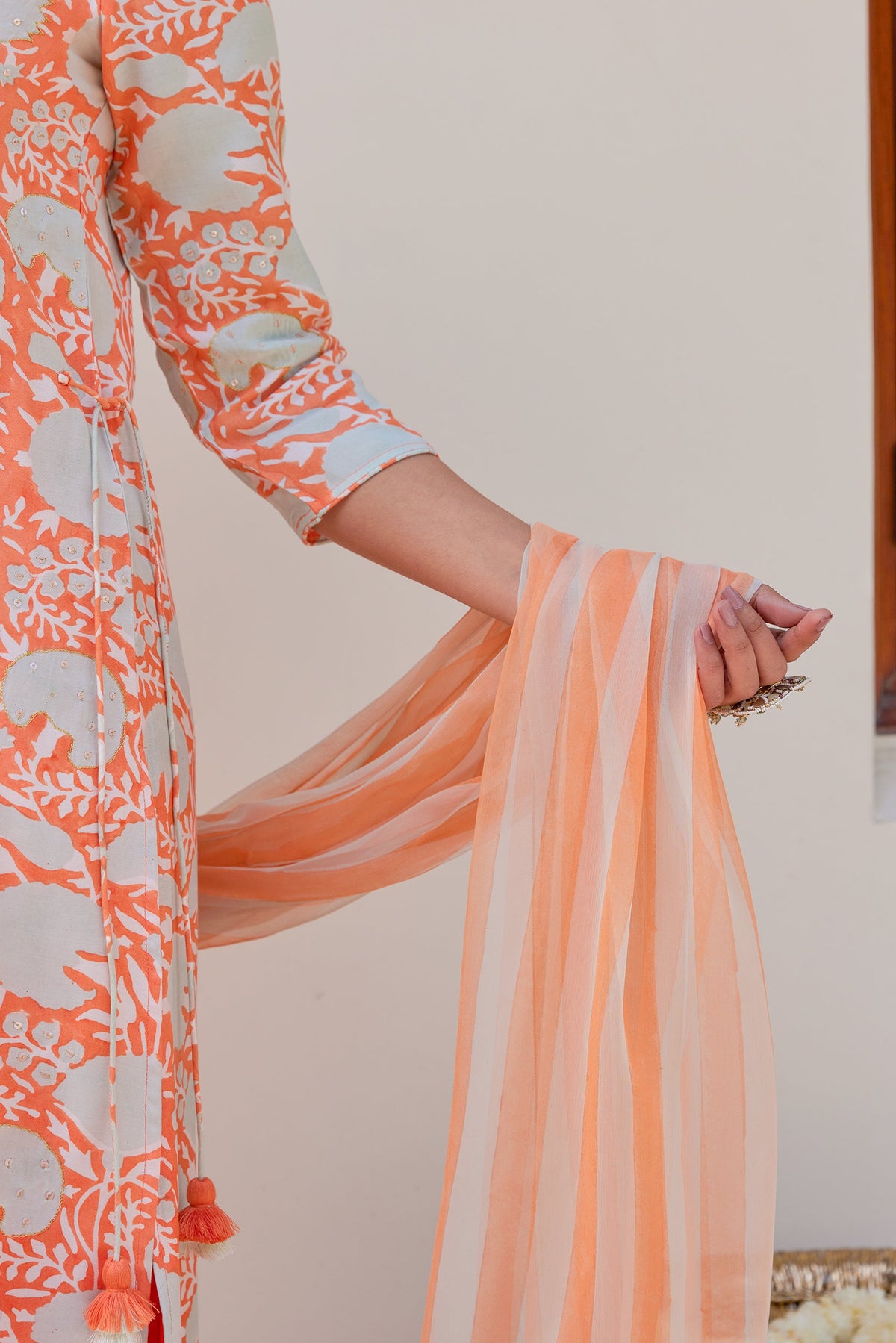 Orange Floral Kurta Set (Set of Three) by Kapraaha - view 4