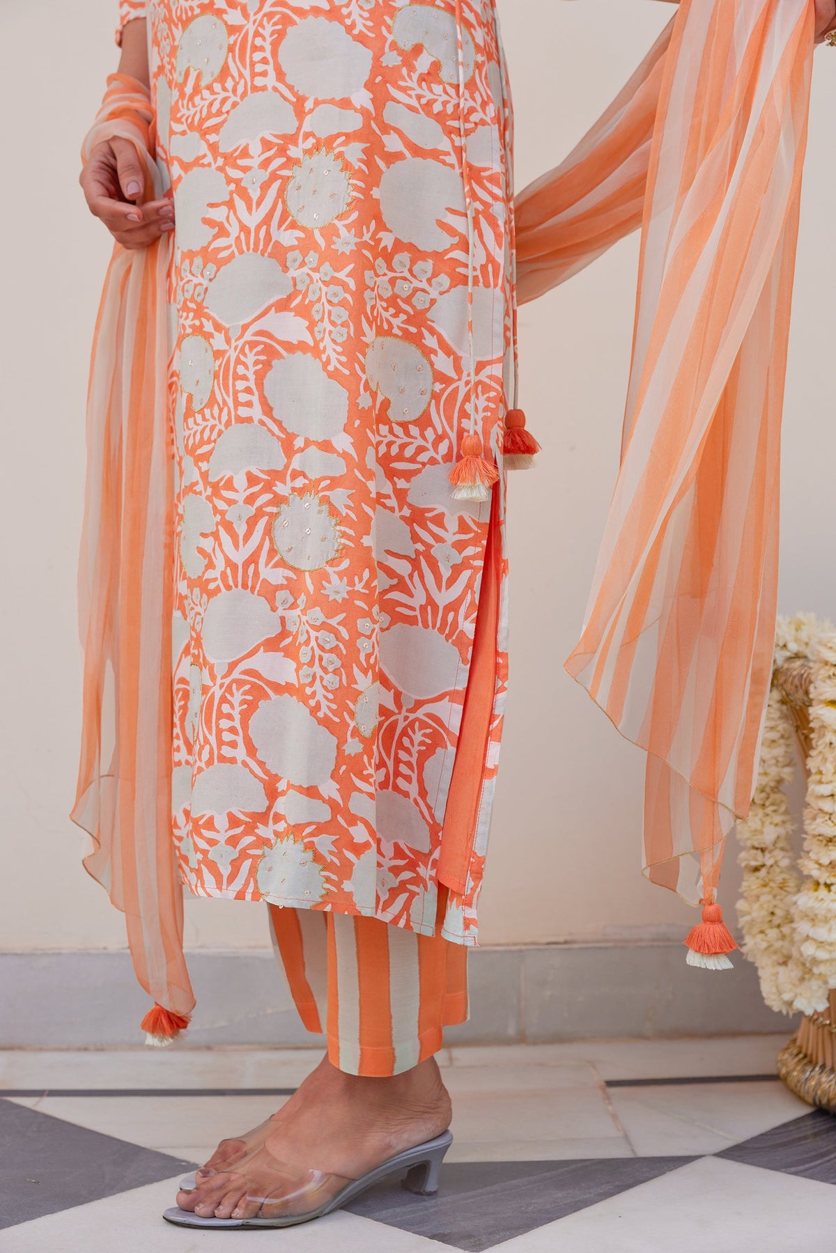 Orange Floral Kurta Set (Set of Three) by Kapraaha - view 6