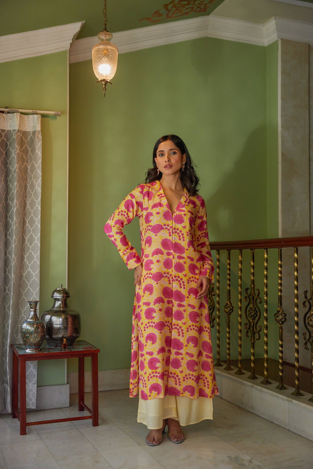 Yellow Hand Block Printed Floral Tunic Set (Set of 2)