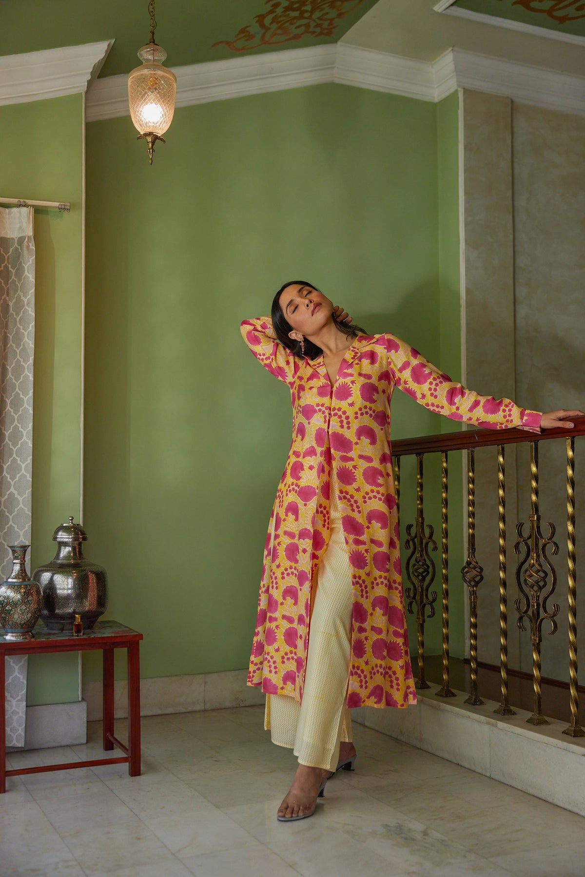 Yellow Hand Block Printed Floral Tunic Set (Set of Two) by Kapraaha - view 9