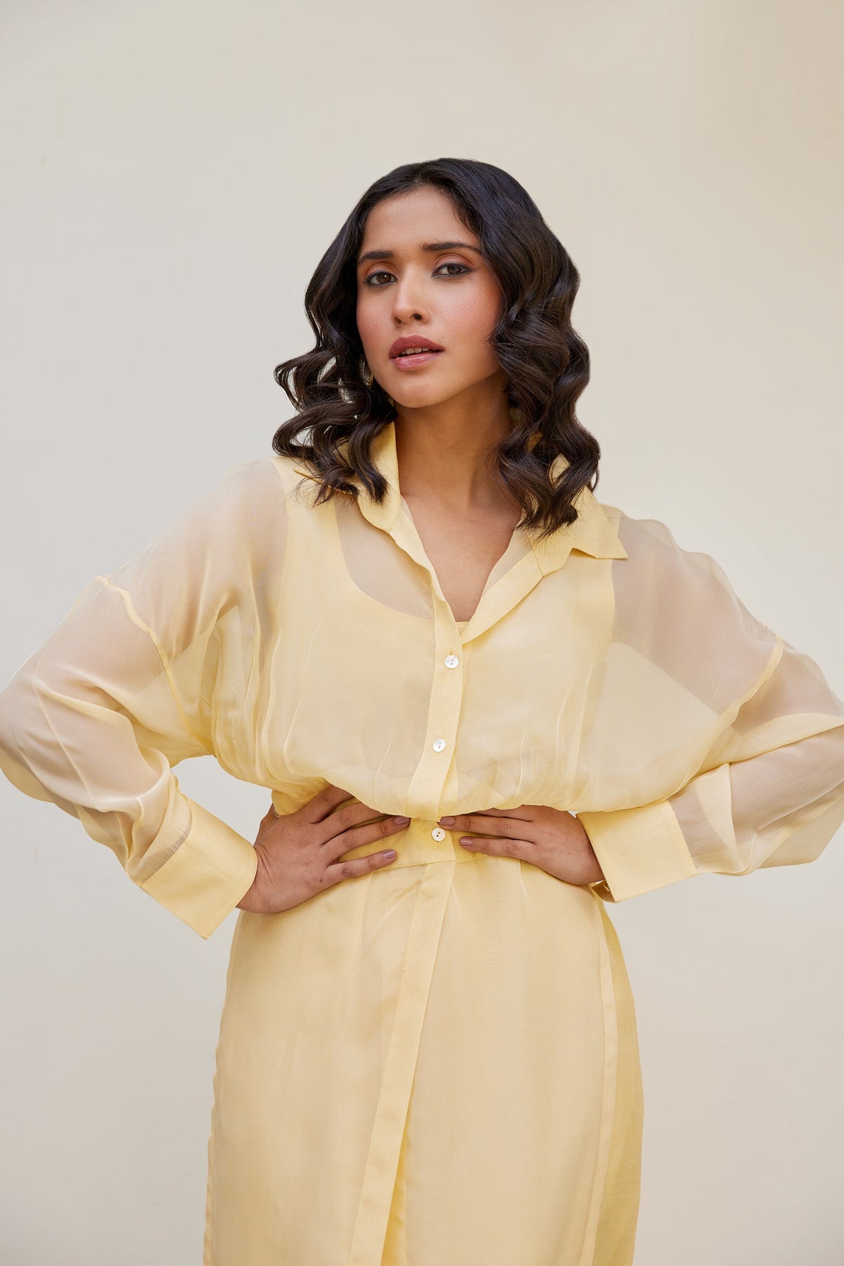 Yellow Solid Organza Jacket Set (Set of Two) by Kapraaha - view 3