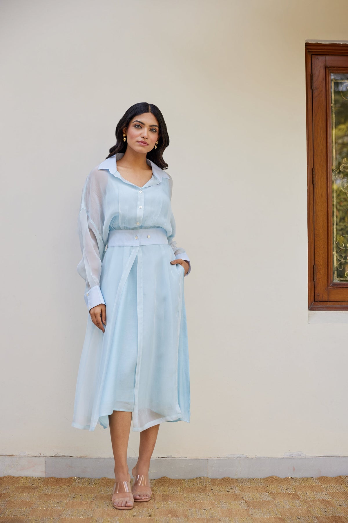 Blue Solid Organza Jacket Set (Set of Two) by Kapraaha - view 9