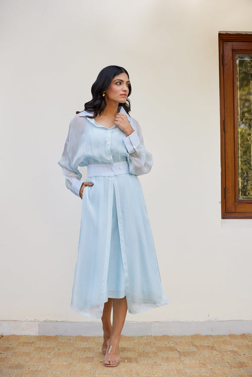 Blue Solid Organza Jacket Set (Set of Two) by Kapraaha - view 1