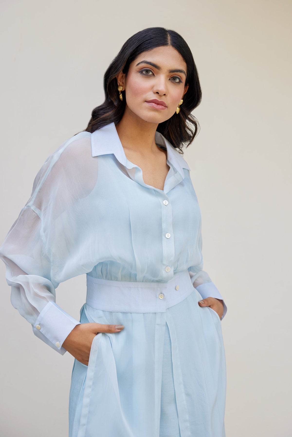 Blue Solid Organza Jacket Set (Set of Two) by Kapraaha - view 6