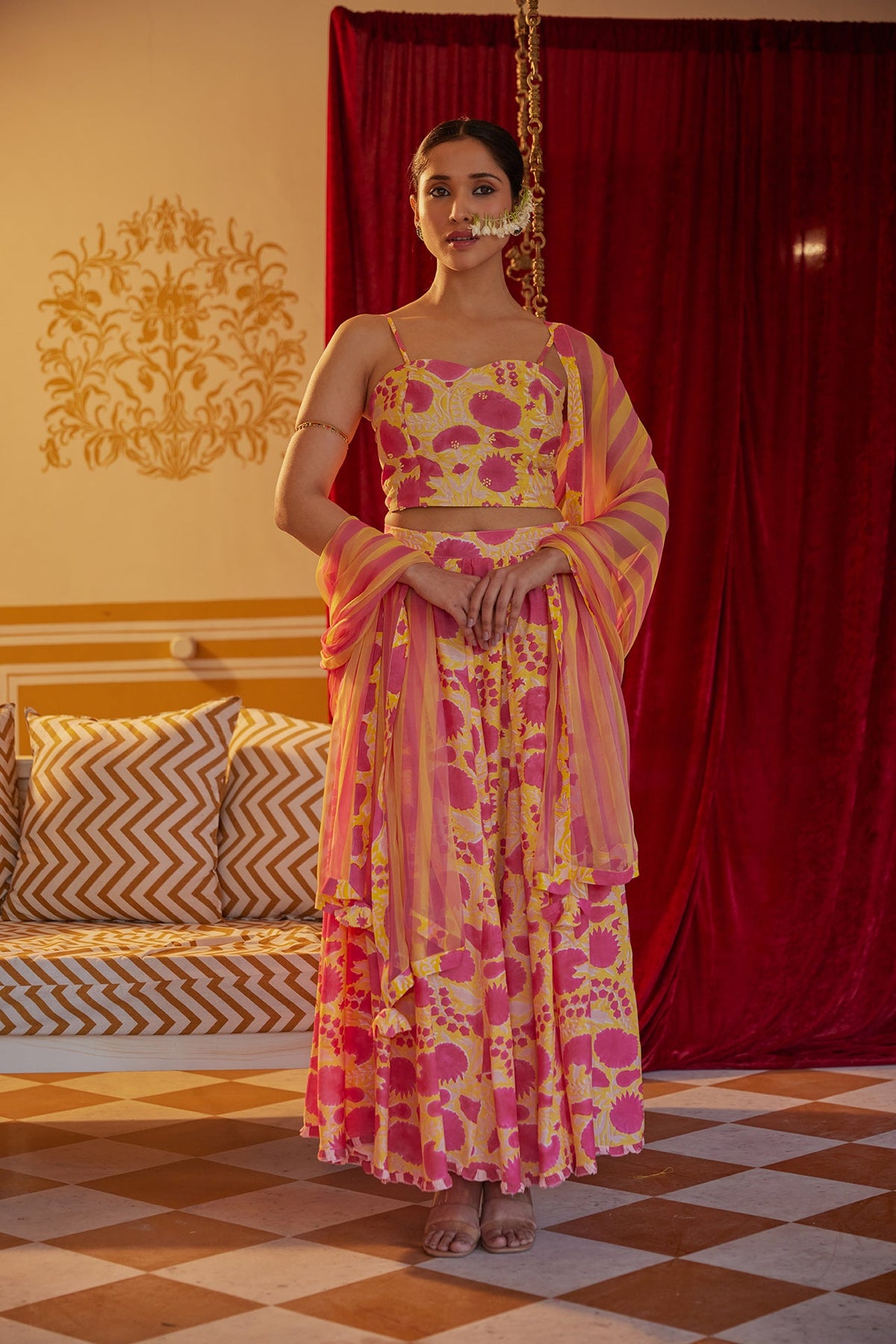 Yellow Floral Muslin Lehenga Set (Set of 3)
