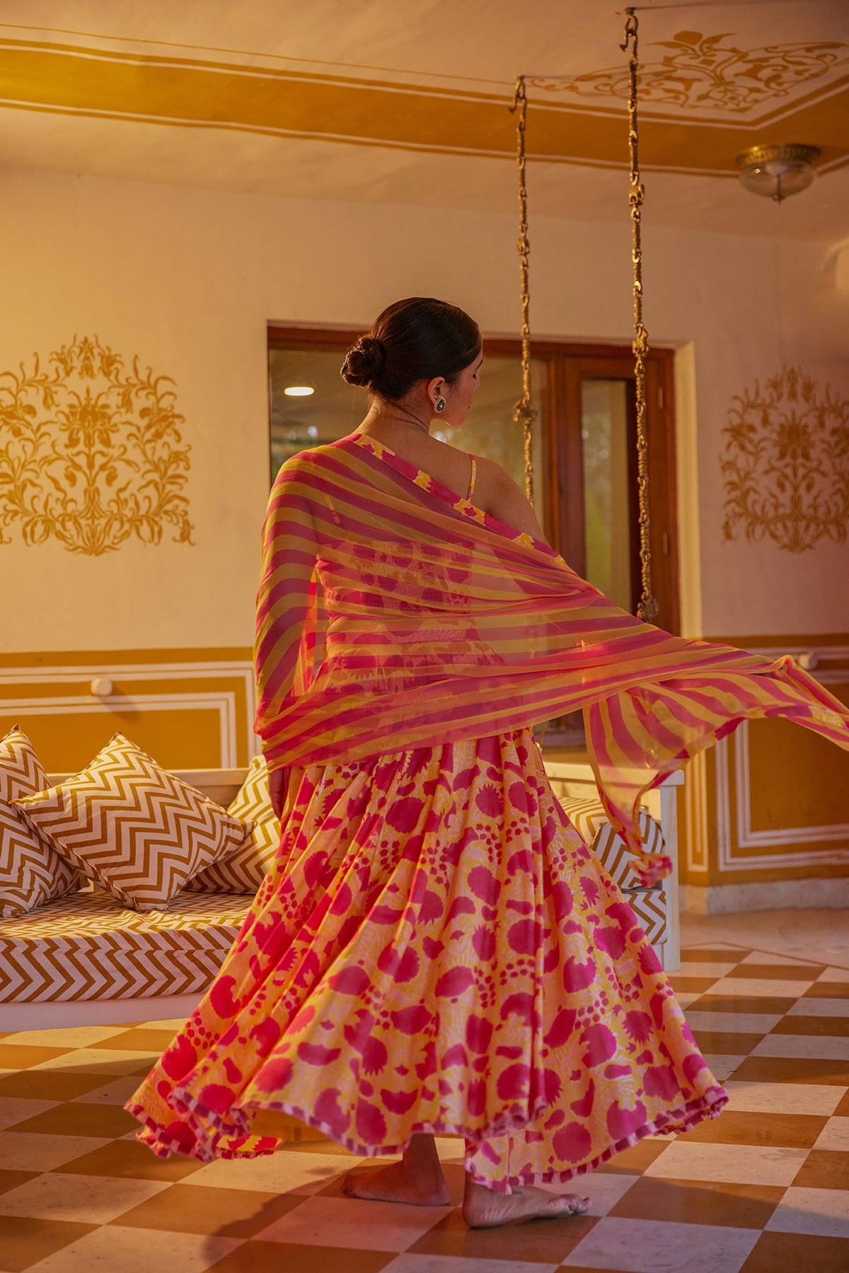 Yellow Floral Muslin Lehenga Set ( Set of Three) by Kapraaha - view 5