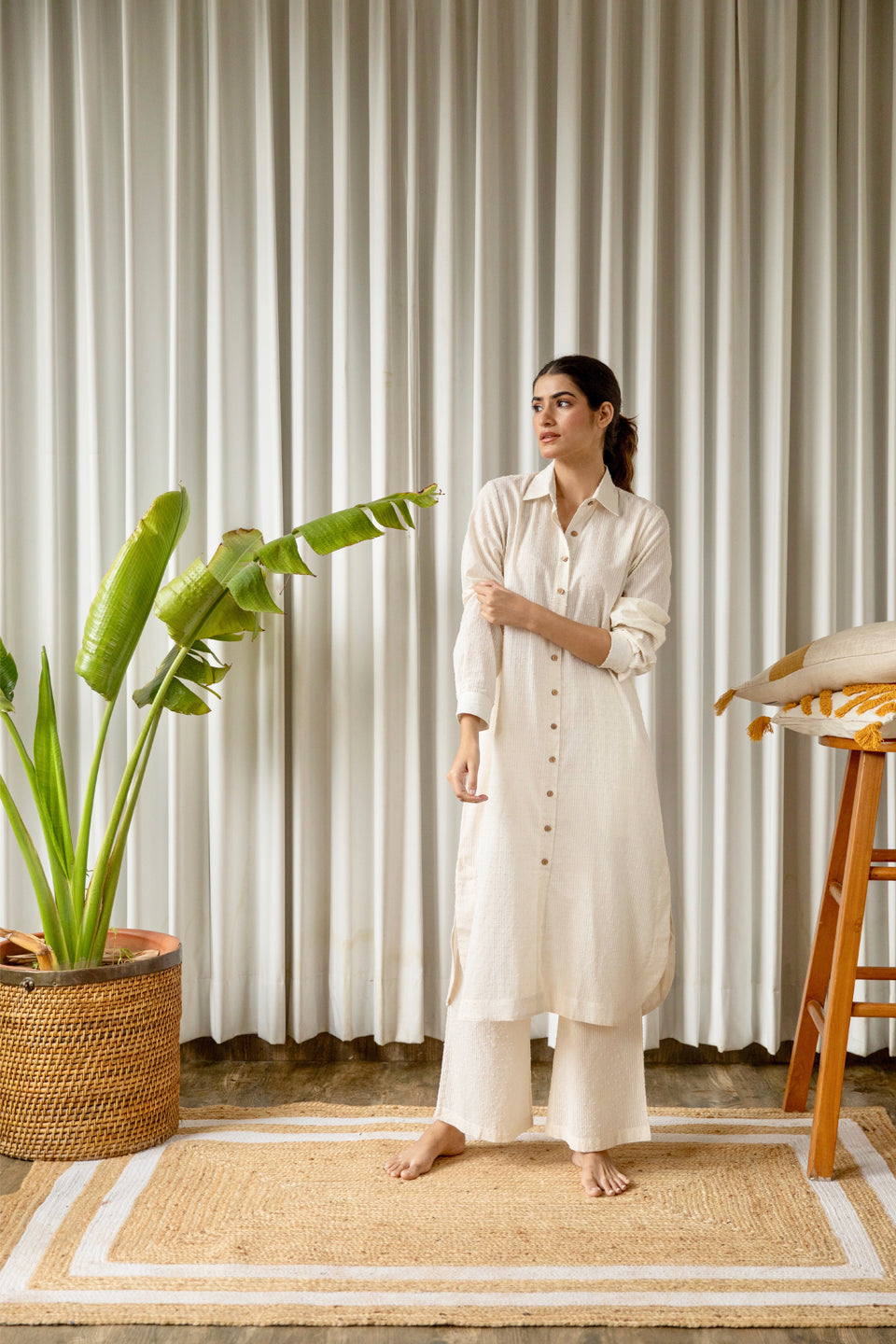 Off-White Cotton Weaved Co-ord Set (Set of Two) by Kapraaha - view 7