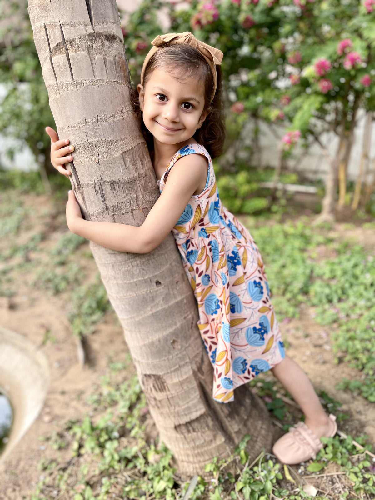 Basic Tribe Muniah Floral Organic Cotton Dress for Girls — Pink base with blue floral motif