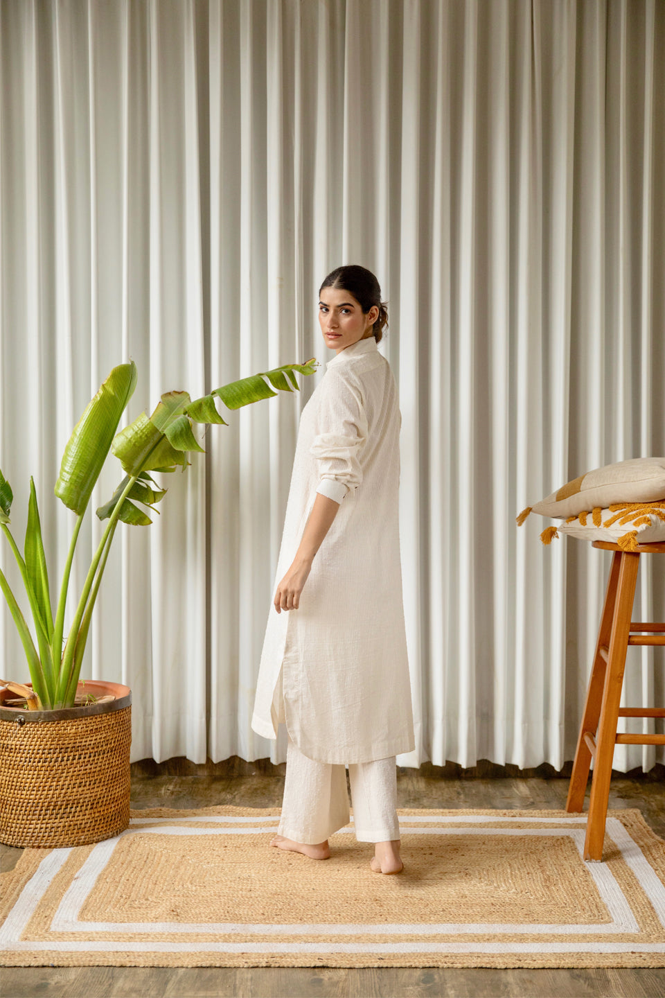 Off-White Cotton Weaved Co-ord Set (Set of Two) by Kapraaha - view 8