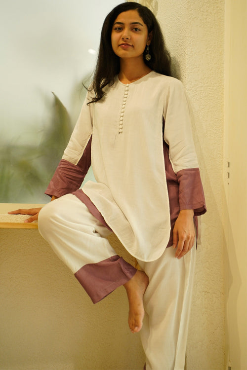 Ivory and Purple Muslin Kurta Set by Kapraaha - view 1