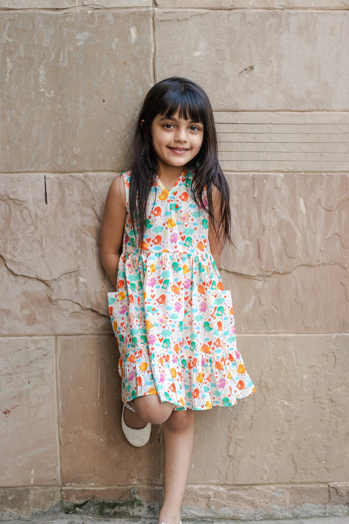 Full front view of Basic Tribe Twitter cotton dress with multicolour bird pattern